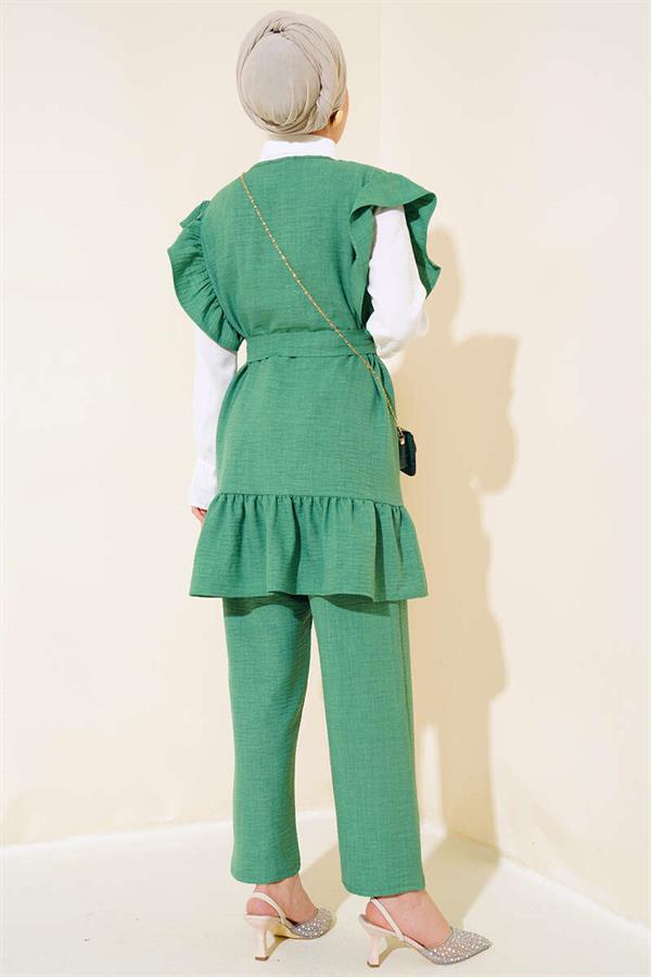  Shoulder Ruffle Three Piece Linen 2 Piece Set Green