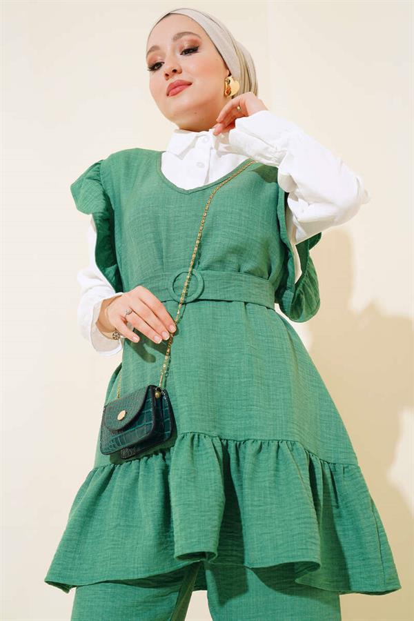  Shoulder Ruffle Three Piece Linen 2 Piece Set Green