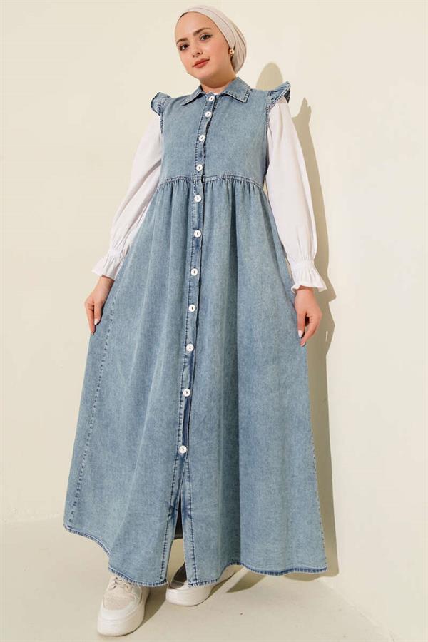 Denim Blue Dress with Shoulder Ruffle Detail