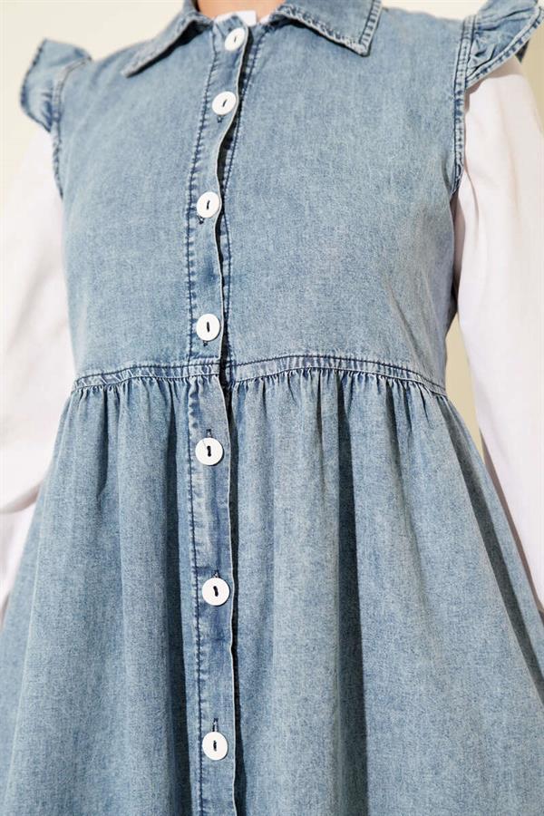 Denim Blue Dress with Shoulder Ruffle Detail