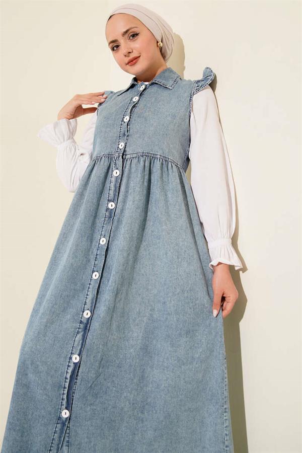 Denim Blue Dress with Shoulder Ruffle Detail