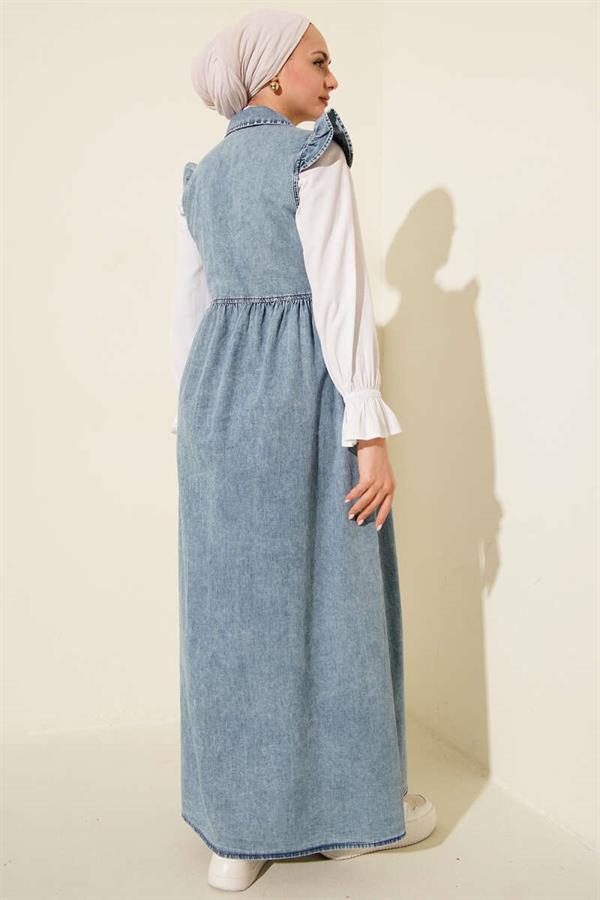 Denim Blue Dress with Shoulder Ruffle Detail
