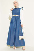 Blue Dress with Shoulder Ruffle Detail