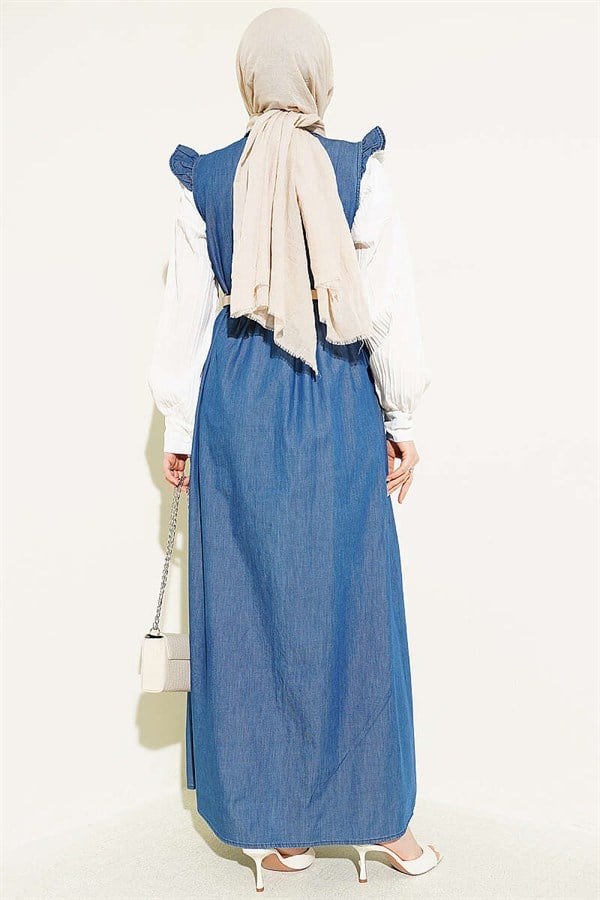 Blue Dress with Shoulder Ruffle Detail