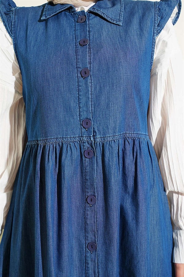 Blue Dress with Shoulder Ruffle Detail