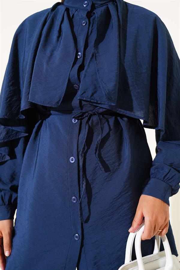 Shoulder Ruffle Cape 2 Piece Set Navy Blue