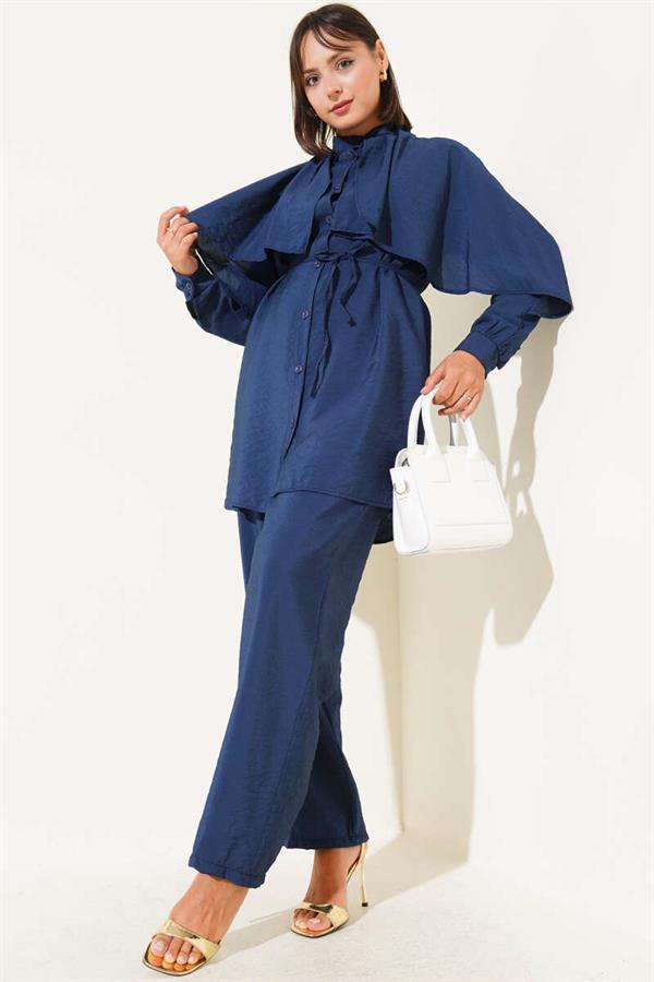 Shoulder Ruffle Cape 2 Piece Set Navy Blue