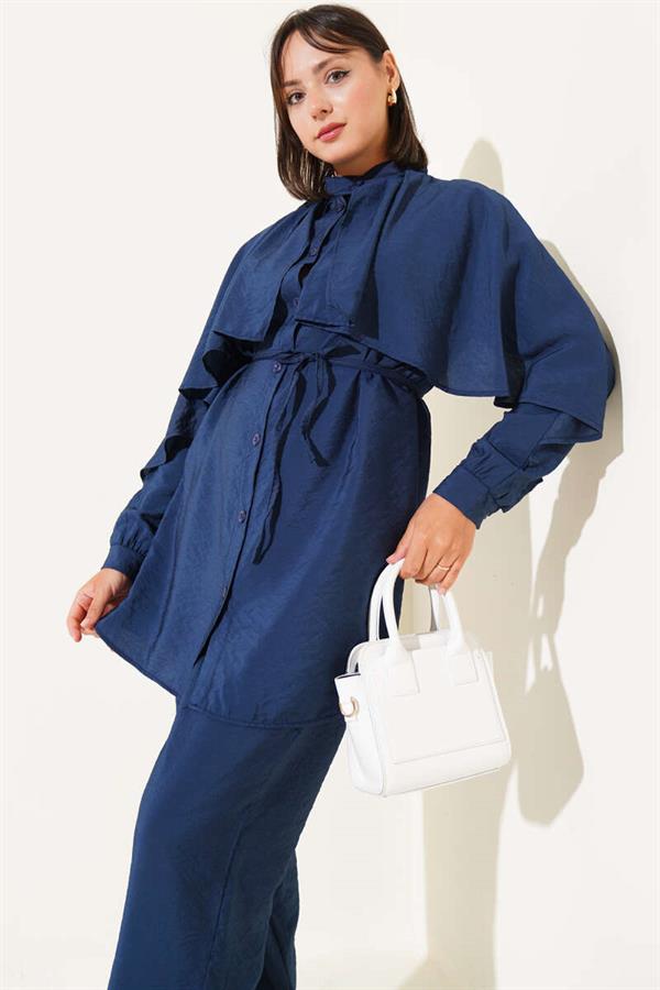 Shoulder Ruffle Cape 2 Piece Set Navy Blue