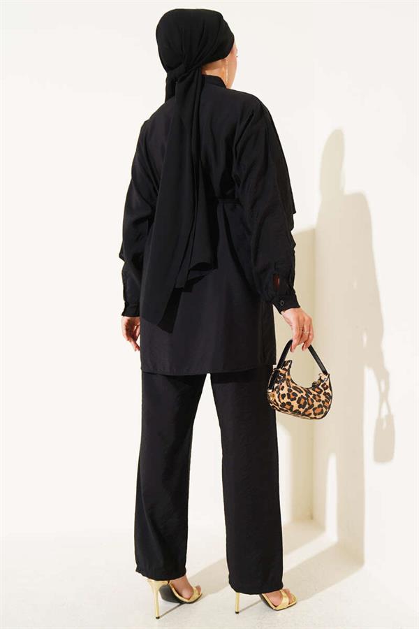 Shoulder Ruffle Cape 2 Piece Set Black