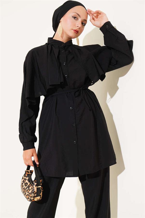 Shoulder Ruffle Cape 2 Piece Set Black