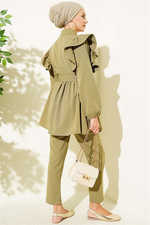 Buttoned 2 Piece Set with Ruffled Shoulder Detail, Light Green