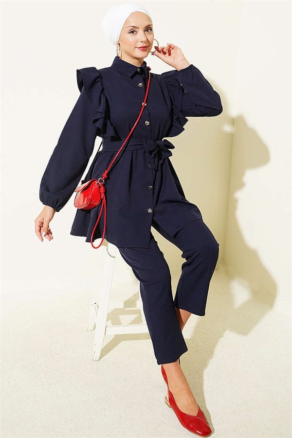 Navy Blue Buttoned 2 Piece Set with Ruffled Shoulder Detail
