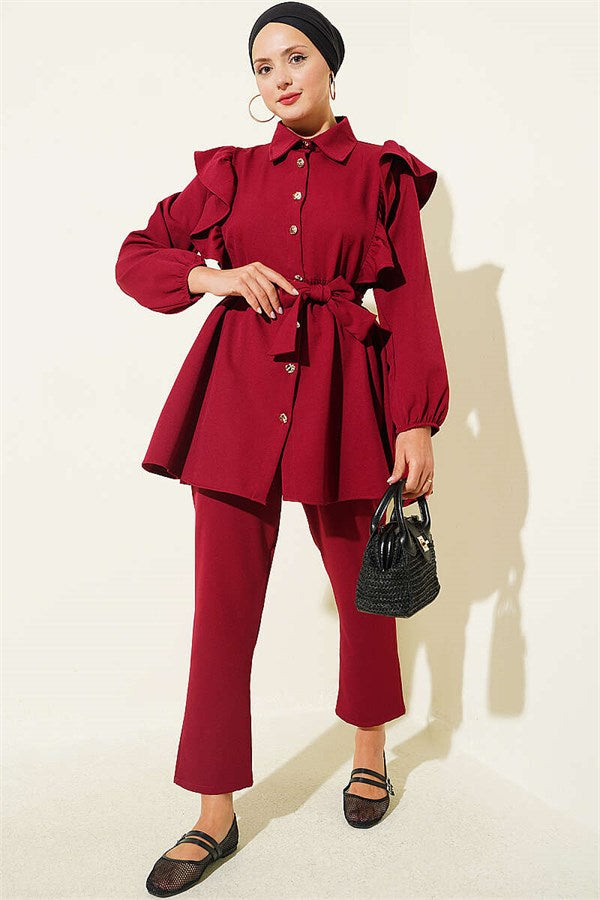 Buttoned 2 Piece Set with Ruffled Shoulder Detail, Burgundy
