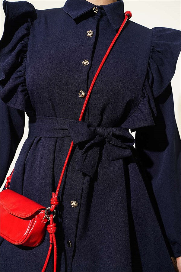 Navy Blue Buttoned 2 Piece Set with Ruffled Shoulder Detail
