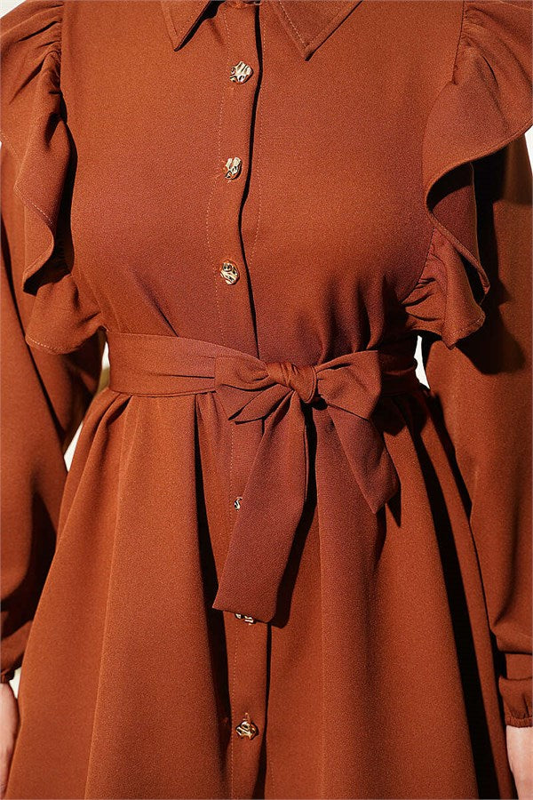 Buttoned 2 Piece Set with Shoulder Ruffle Detail, Coffee