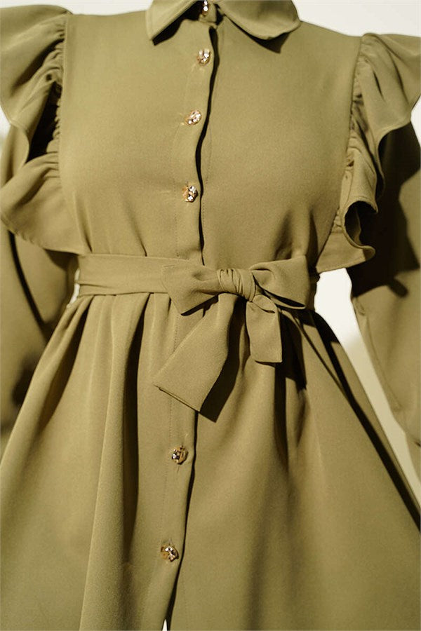 Buttoned 2 Piece Set with Ruffled Shoulder Detail, Light Green