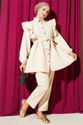 Beige Buttoned 2 Piece Set with Ruffled Shoulder Detail