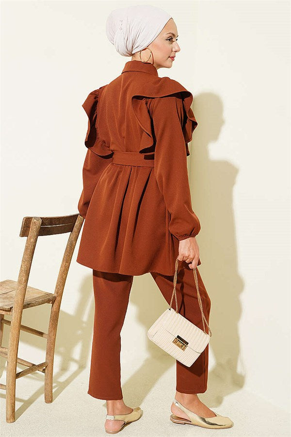 Buttoned 2 Piece Set with Shoulder Ruffle Detail, Coffee
