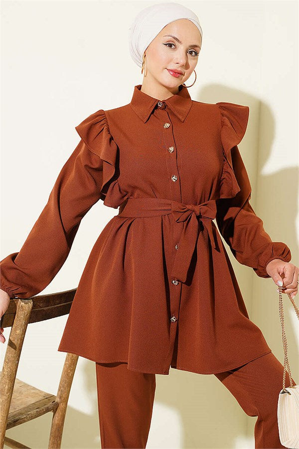 Buttoned 2 Piece Set with Shoulder Ruffle Detail, Coffee