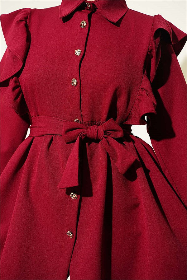 Buttoned 2 Piece Set with Ruffled Shoulder Detail, Burgundy