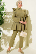 Buttoned 2 Piece Set with Ruffled Shoulder Detail, Light Green