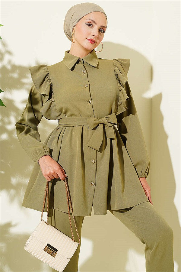 Buttoned 2 Piece Set with Ruffled Shoulder Detail, Light Green