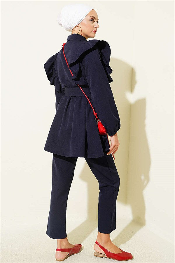 Navy Blue Buttoned 2 Piece Set with Ruffled Shoulder Detail