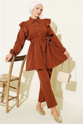 Buttoned 2 Piece Set with Shoulder Ruffle Detail, Coffee