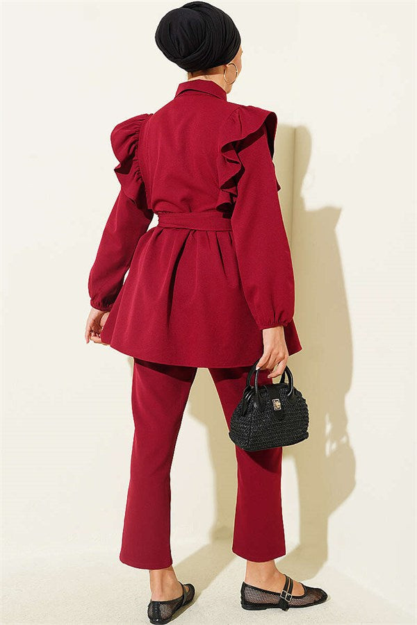 Buttoned 2 Piece Set with Ruffled Shoulder Detail, Burgundy