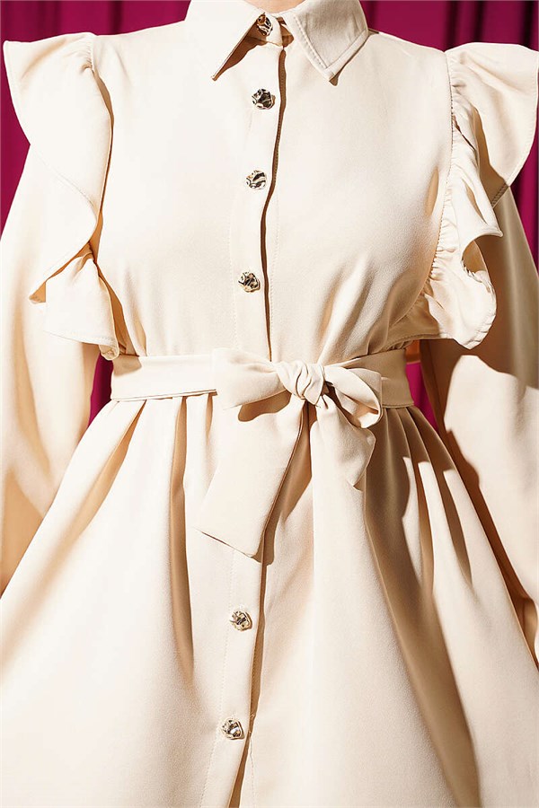 Beige Buttoned 2 Piece Set with Ruffled Shoulder Detail