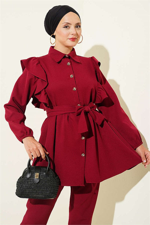 Buttoned 2 Piece Set with Ruffled Shoulder Detail, Burgundy