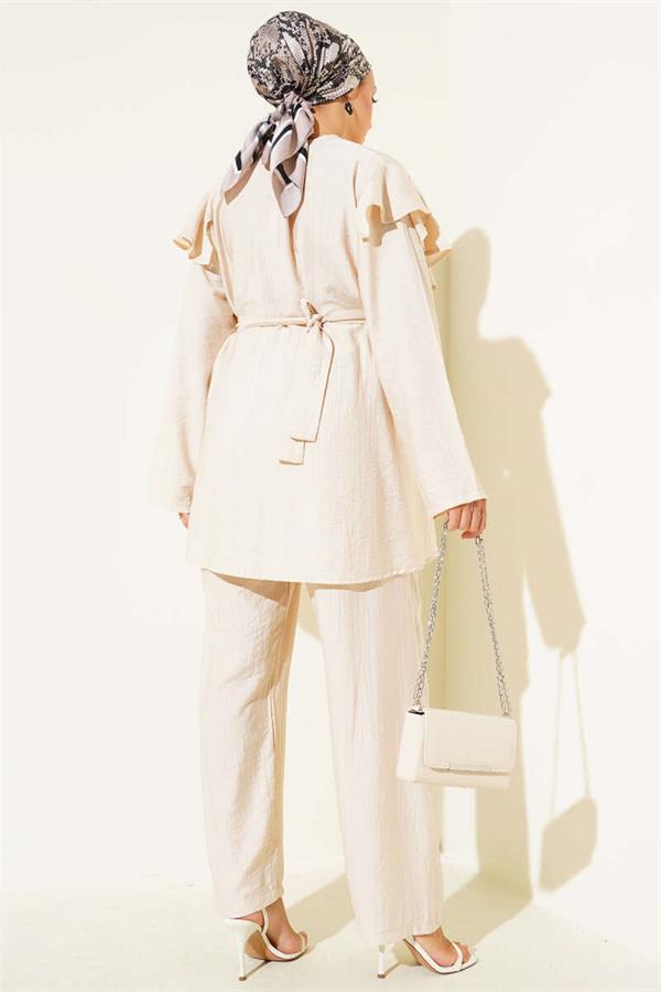 Shoulder Ruffle Gold Buttoned 2 Piece Set Beige
