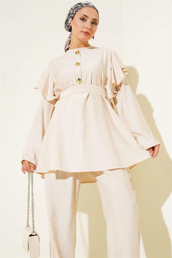 Shoulder Ruffle Gold Buttoned 2 Piece Set Beige