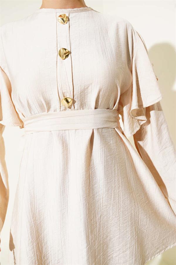 Shoulder Ruffle Gold Buttoned 2 Piece Set Beige