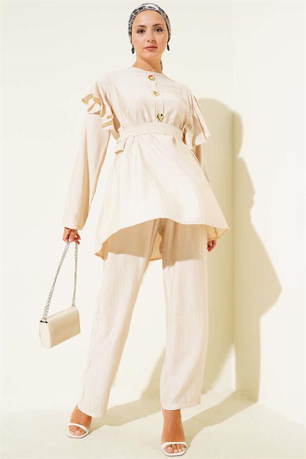 Shoulder Ruffle Gold Buttoned 2 Piece Set Beige