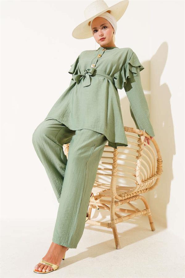 Shoulder Frilled Gold Buttoned 2 Piece Set Almond Green