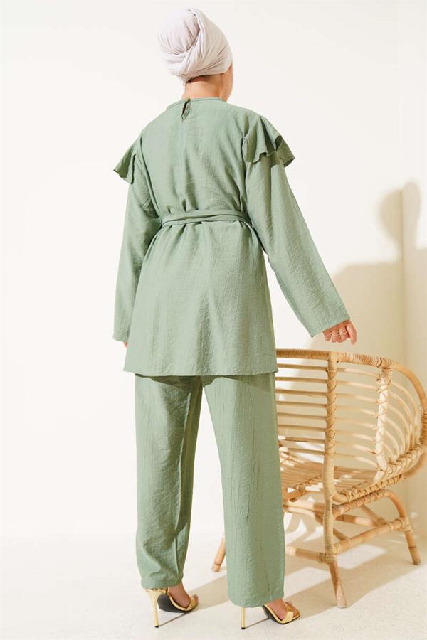 Shoulder Frilled Gold Buttoned 2 Piece Set Almond Green