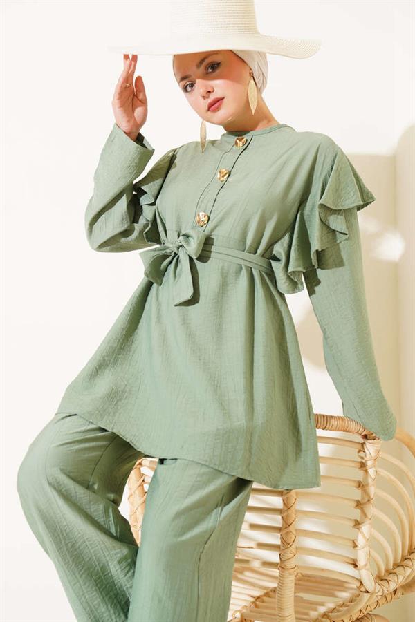 Shoulder Frilled Gold Buttoned 2 Piece Set Almond Green