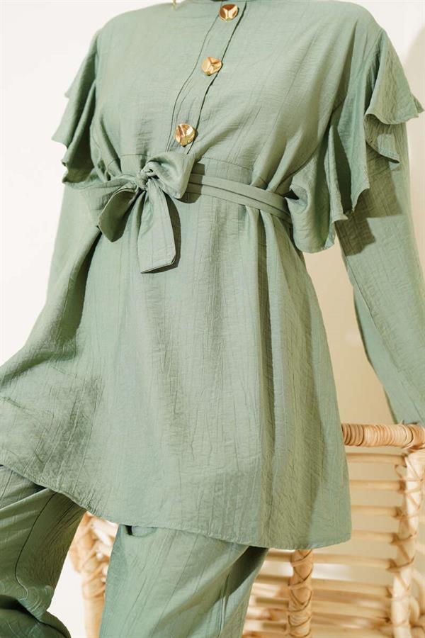 Shoulder Frilled Gold Buttoned 2 Piece Set Almond Green