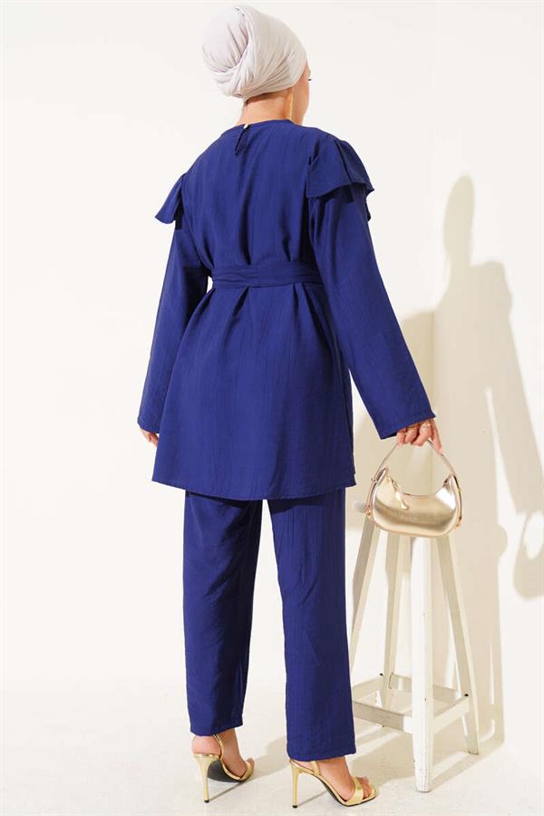 Shoulder Ruffle Gold Buttoned 2 Piece Set Navy Blue