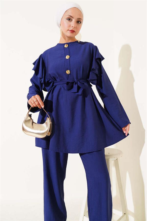 Shoulder Ruffle Gold Buttoned 2 Piece Set Navy Blue
