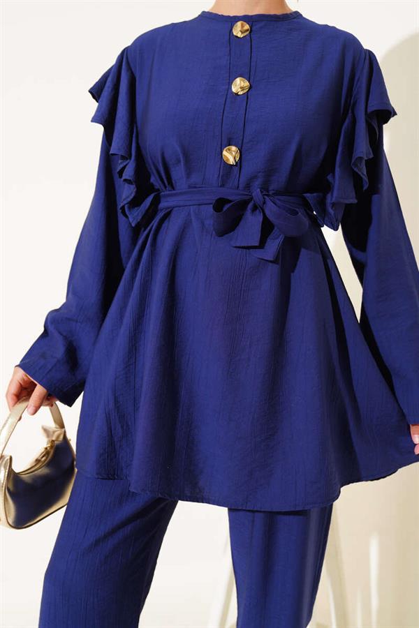Shoulder Ruffle Gold Buttoned 2 Piece Set Navy Blue