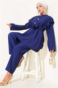 Shoulder Ruffle Gold Buttoned 2 Piece Set Navy Blue