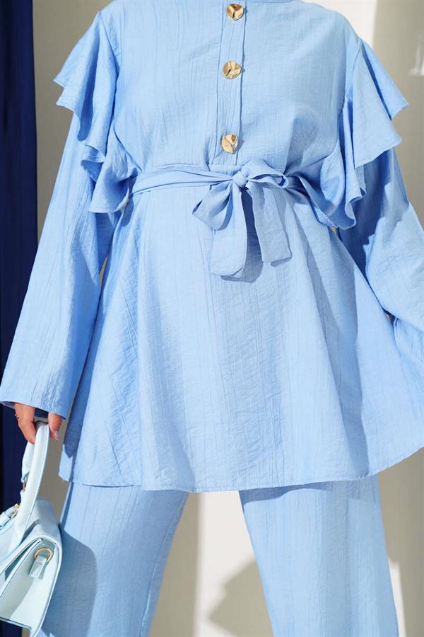 Shoulder Ruffle Gold Buttoned 2 Piece Set Blue
