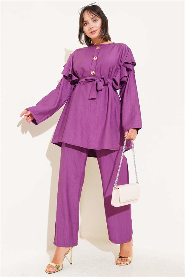 Shoulder Frill Gold Buttoned 2 Piece Set Magenta