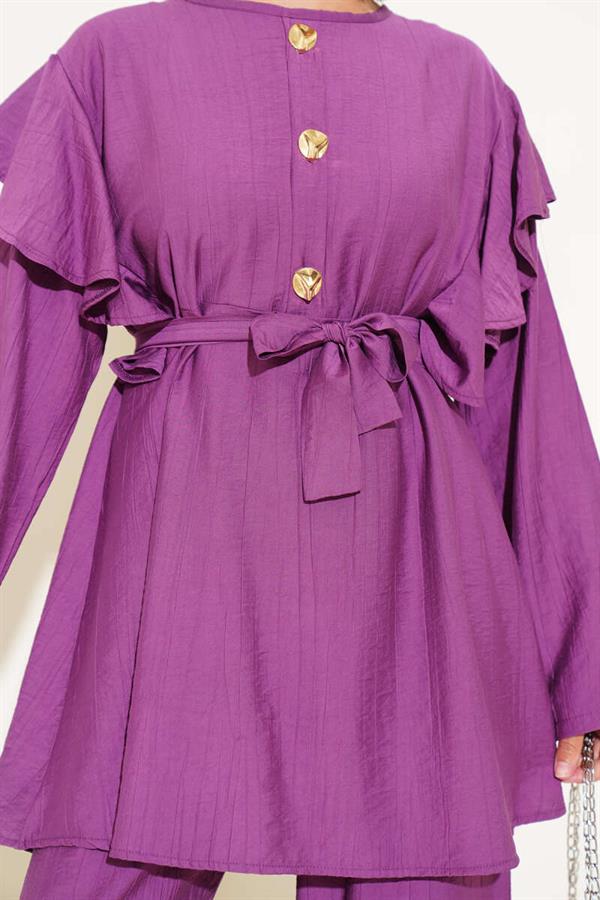 Shoulder Frill Gold Buttoned 2 Piece Set Magenta