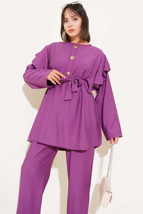 Shoulder Frill Gold Buttoned 2 Piece Set Magenta