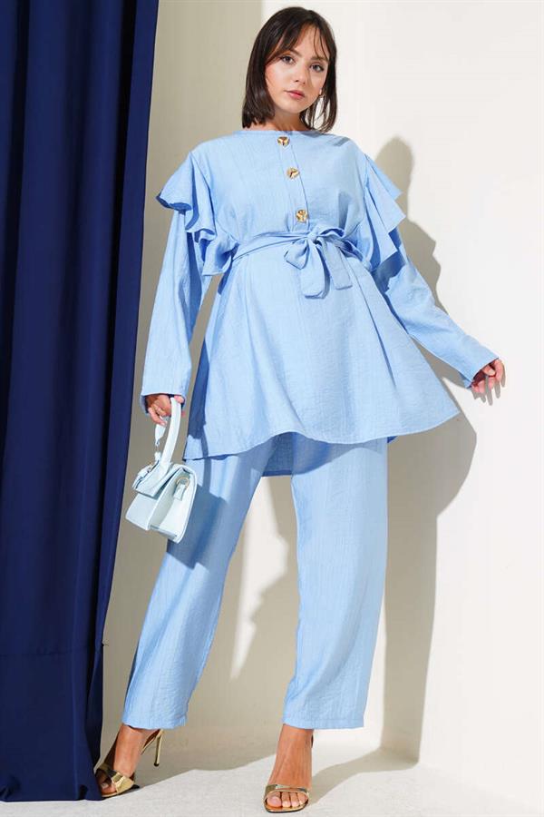 Shoulder Ruffle Gold Buttoned 2 Piece Set Blue