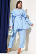 Shoulder Ruffle Gold Buttoned 2 Piece Set Blue