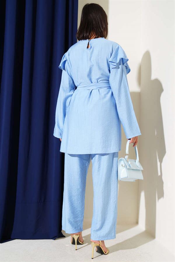 Shoulder Ruffle Gold Buttoned 2 Piece Set Blue